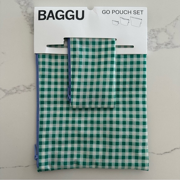 NWT BAGGU Go Pouch Set of Two in Large and Small Size Green and White Gingham - Picture 7 of 8